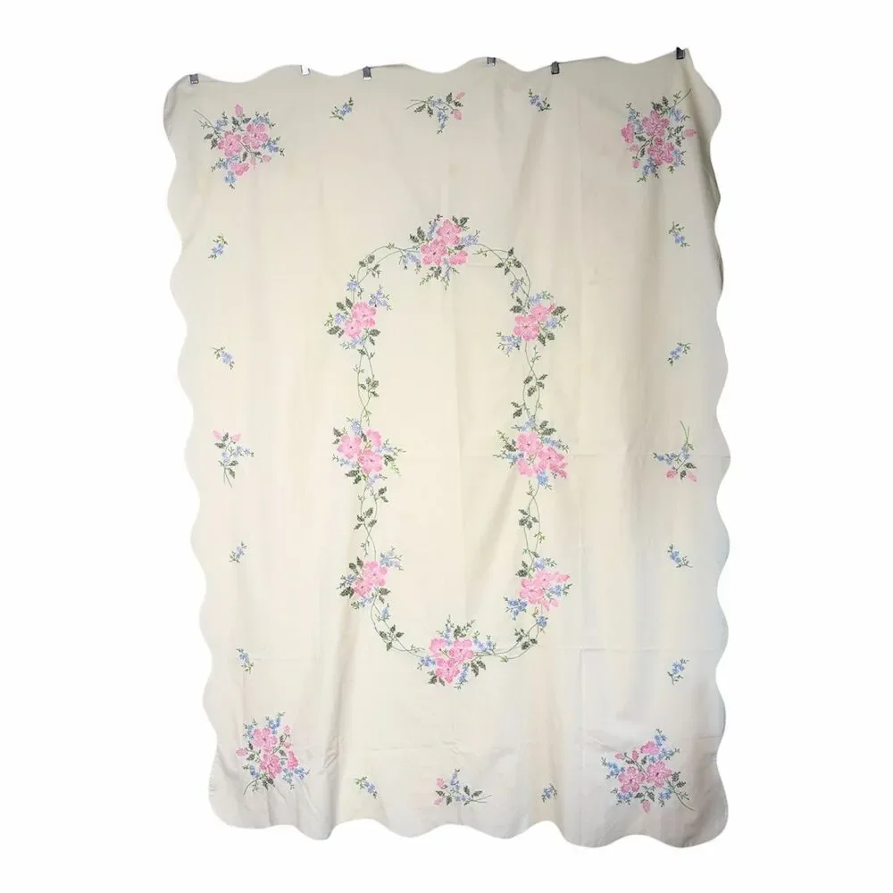 Embroidered Table Cloth Cottagecore Scalloped Hem Cross-Stitched Floral 47
